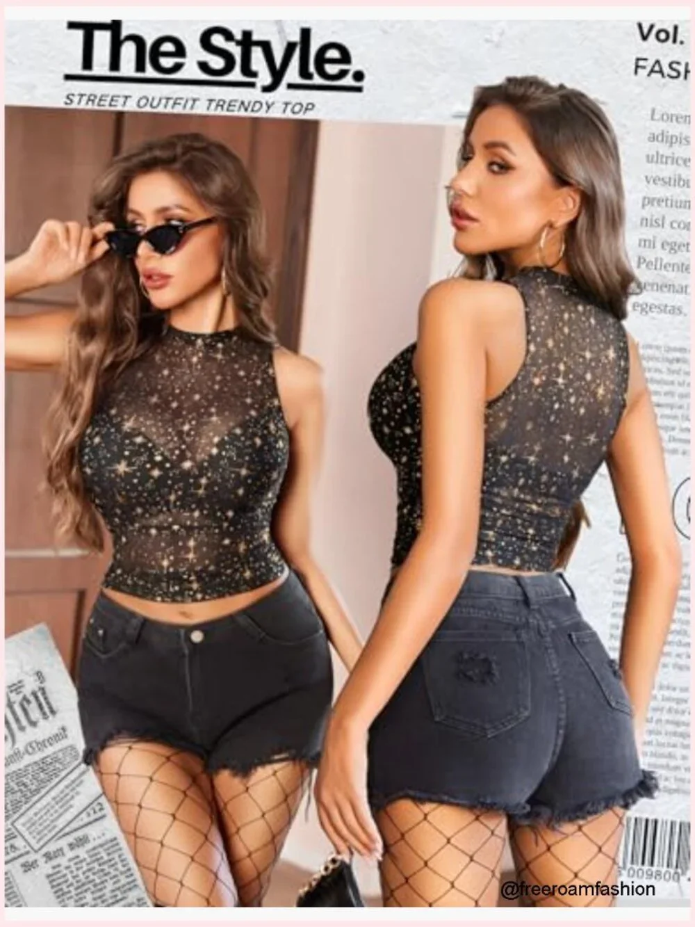 Mesh Camisole Top with Ruching, Cropped Fit, High Neck, Y2K Style - Picture 2 of 7